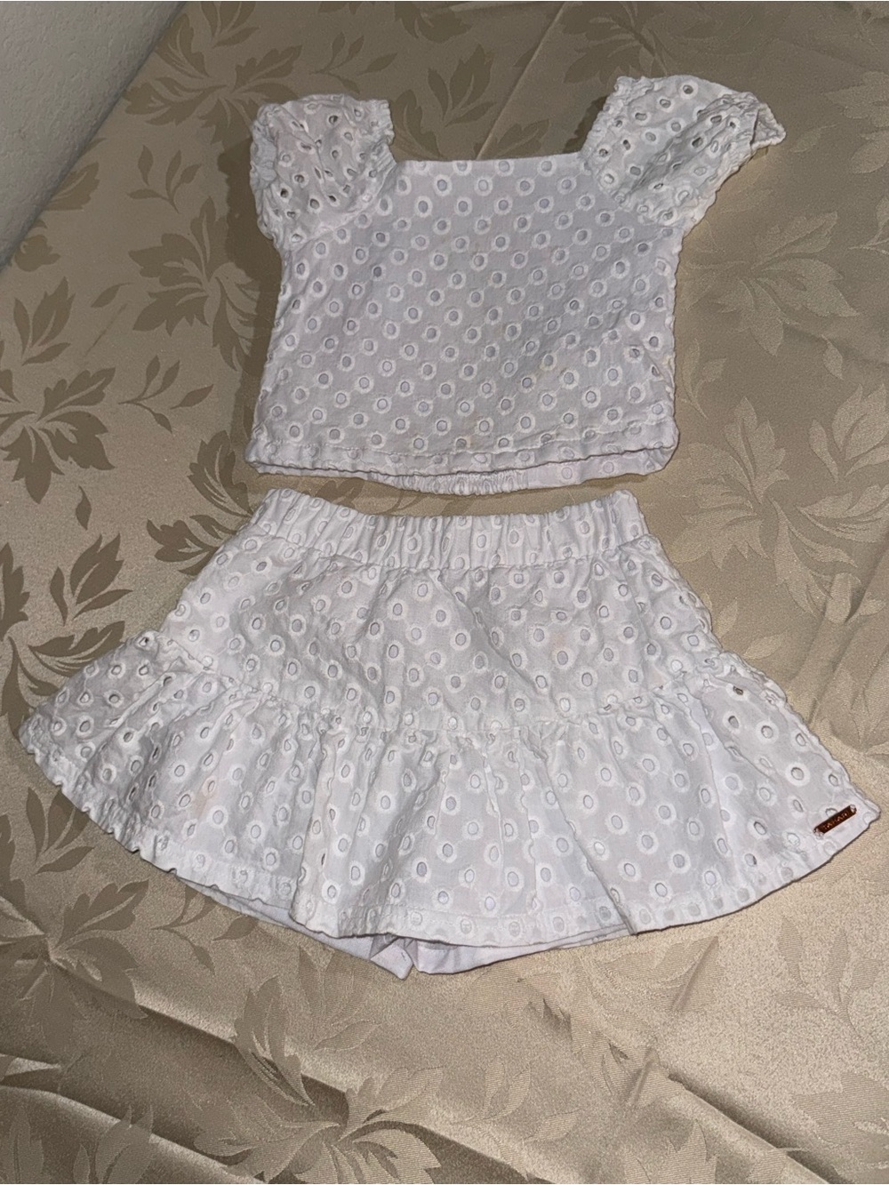 Tahari White Eyelet Smocked Top and Skirt Set